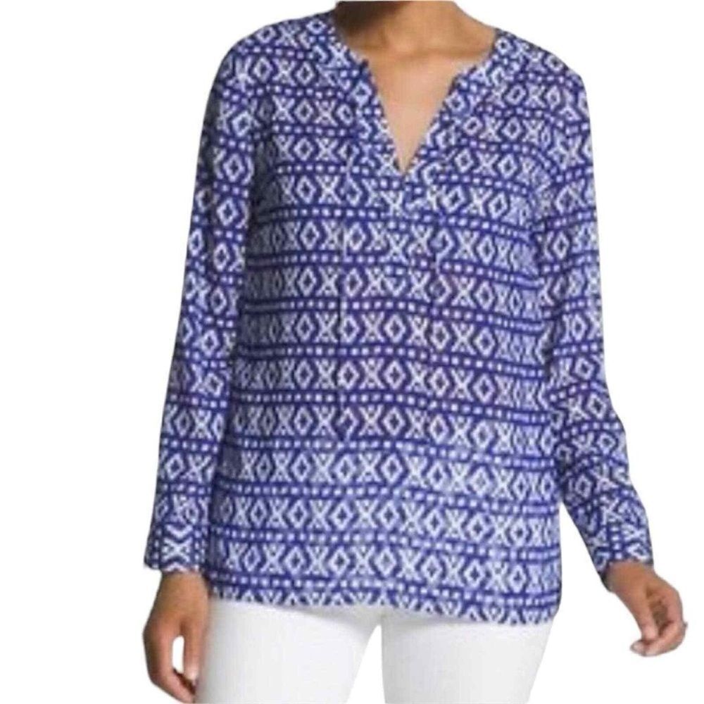 Chico's Blue and White 3/4 Sleeve Buttoned Blouse